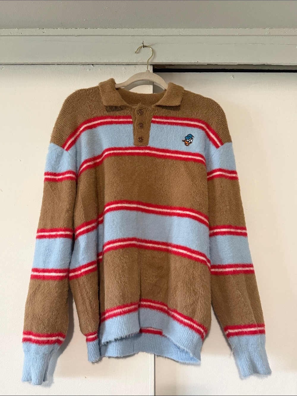 Disney Men's Crewneck Polo Sweater in Camel, Light Blue, and Red